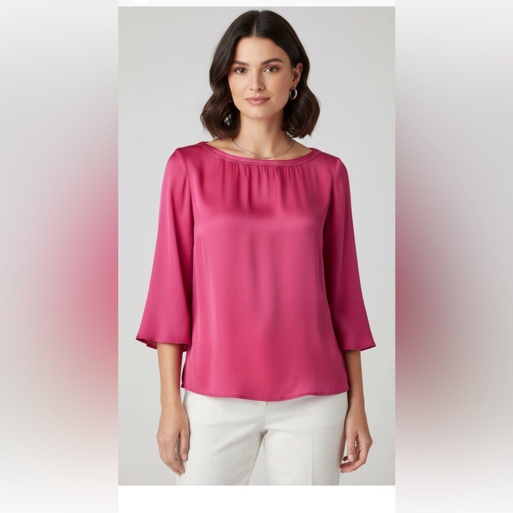 White House Black Market 100% SILK Blouse Slit Sleeves Size 8 Excellent Pink